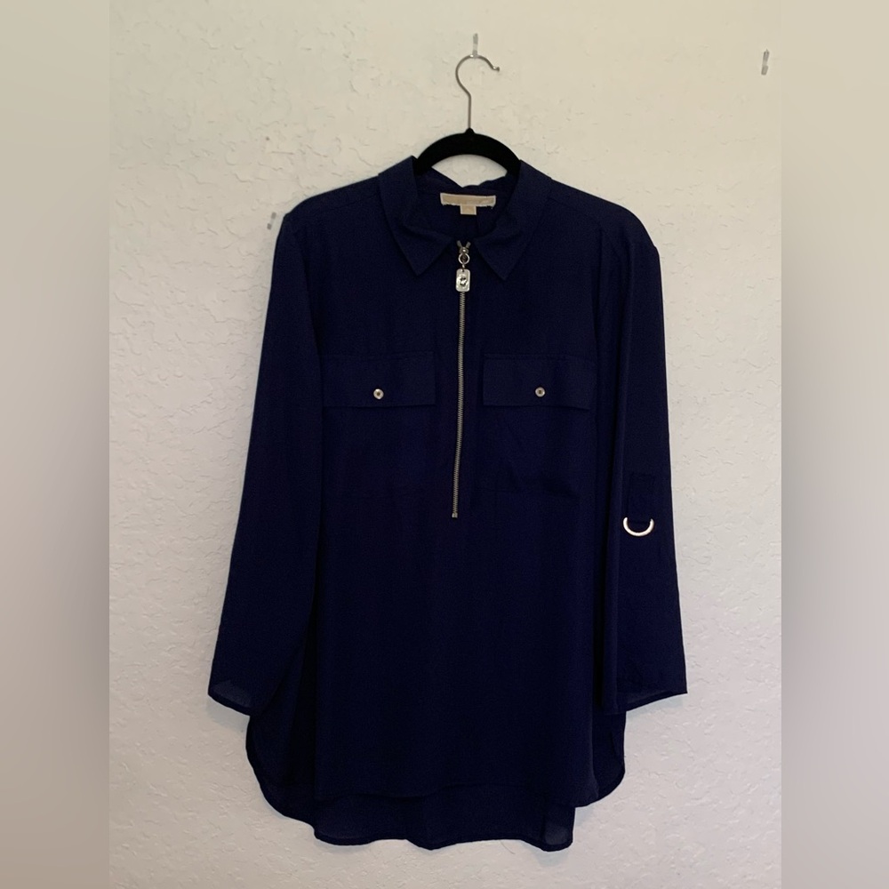 Michael Kors Blue Boxy 3/4 Sleeve Polo Blouse